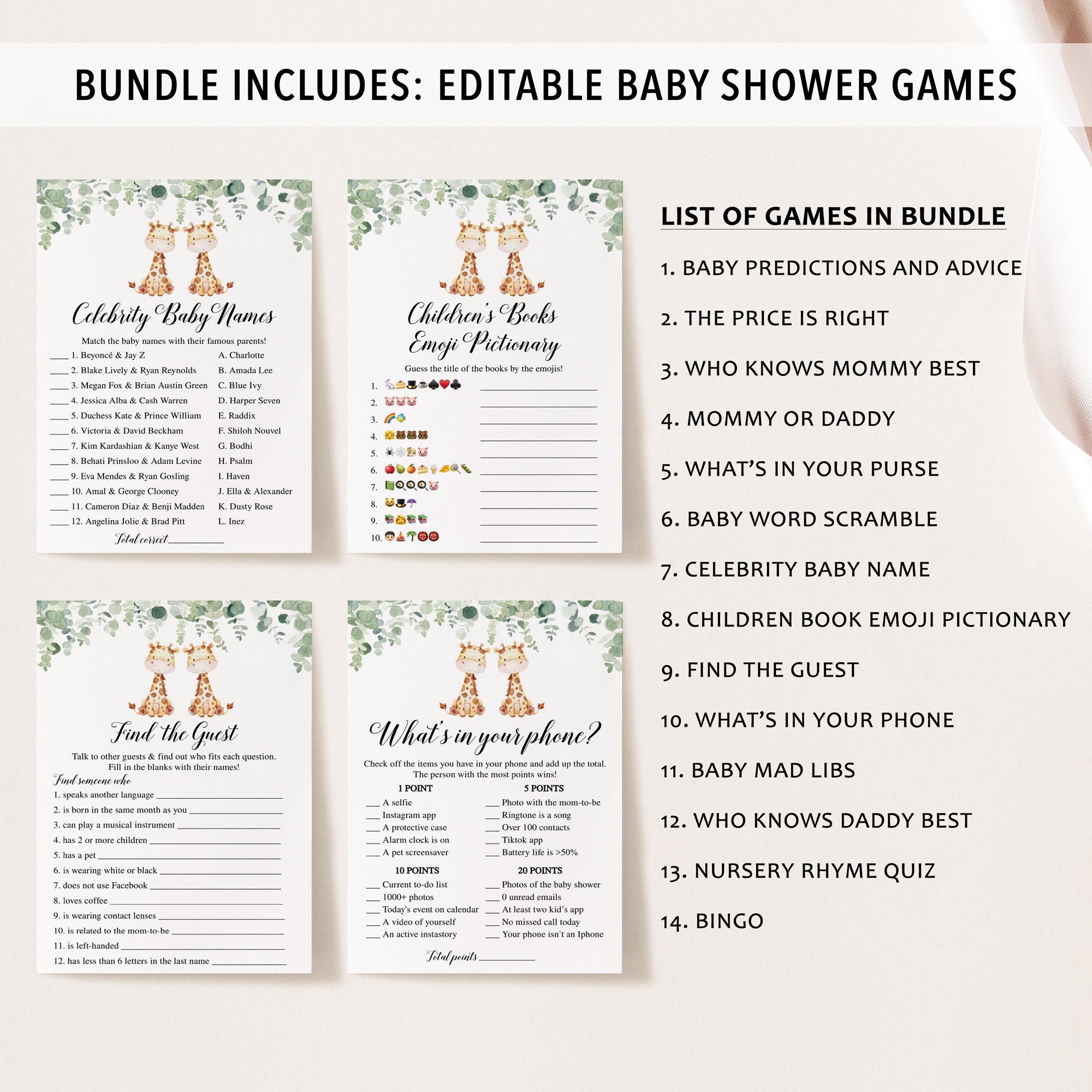 14 Twin Giraffes Baby Shower Games