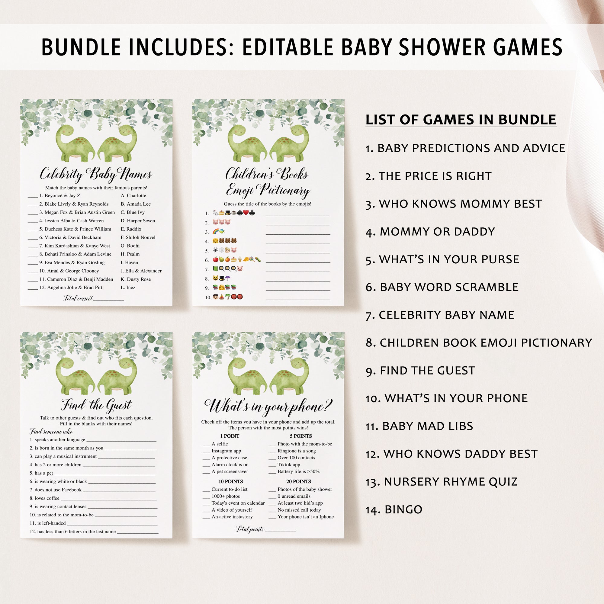 14 Twin Dinosaurs Baby Shower Games