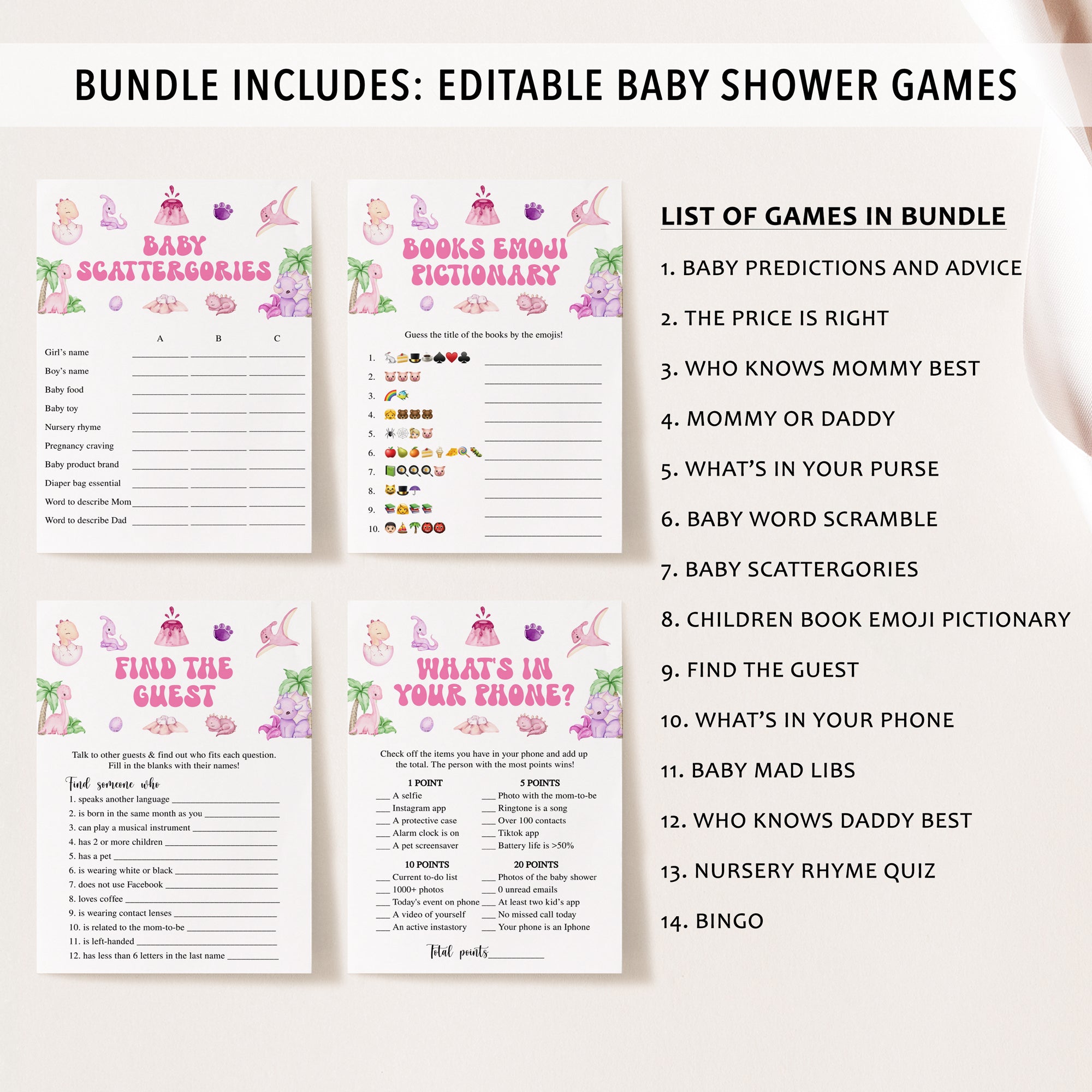 14 Girl Dinosaurs Baby Shower Games