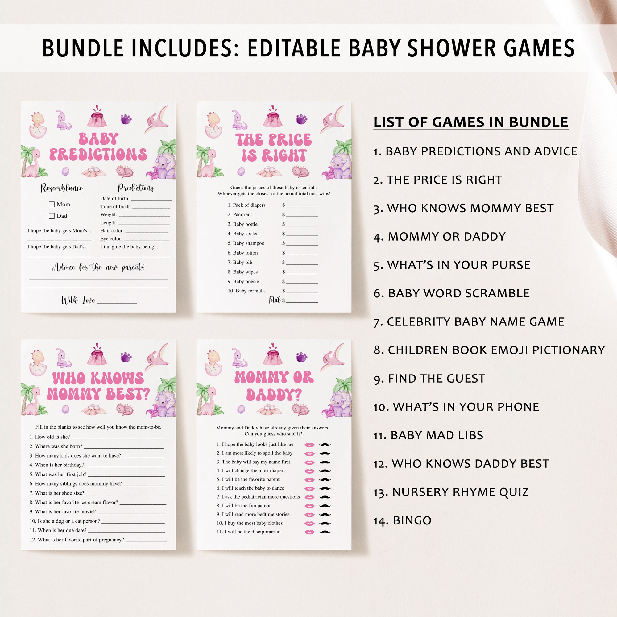 Complete Girl Dinosaur Baby Shower Bundle