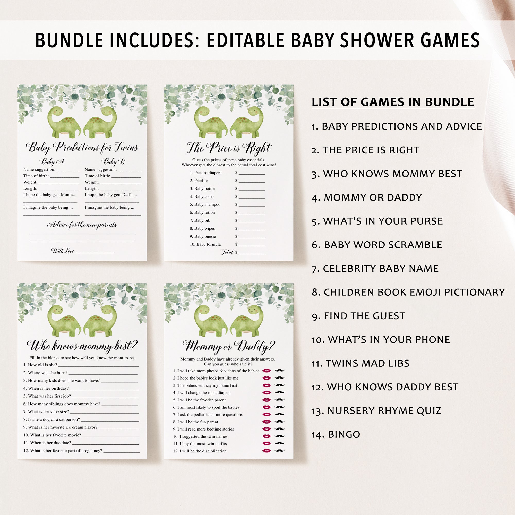 Twin Dinosaurs Baby Shower Invite & Games Bundle