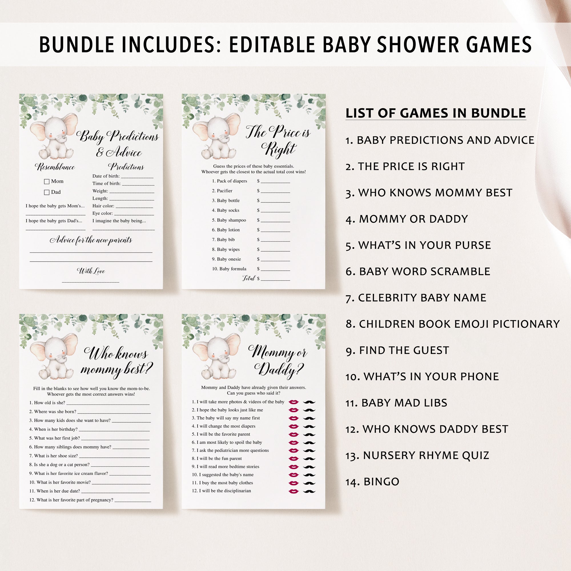 Elephant Baby Shower Invite & Games