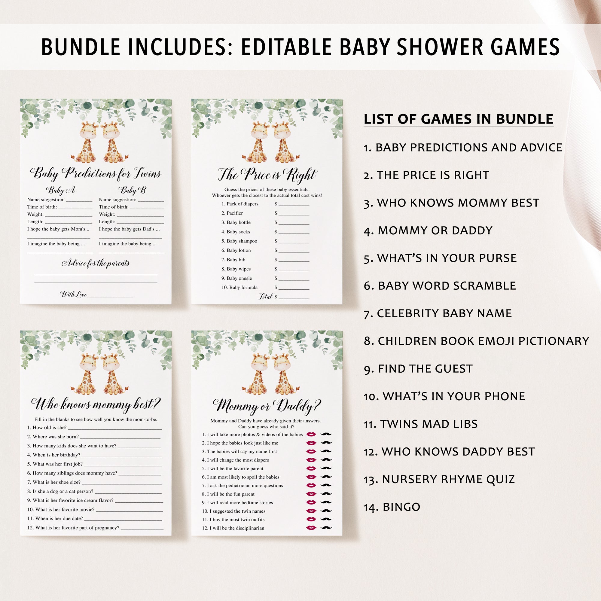 Twin Giraffe Baby Shower Invite & Games Bundle