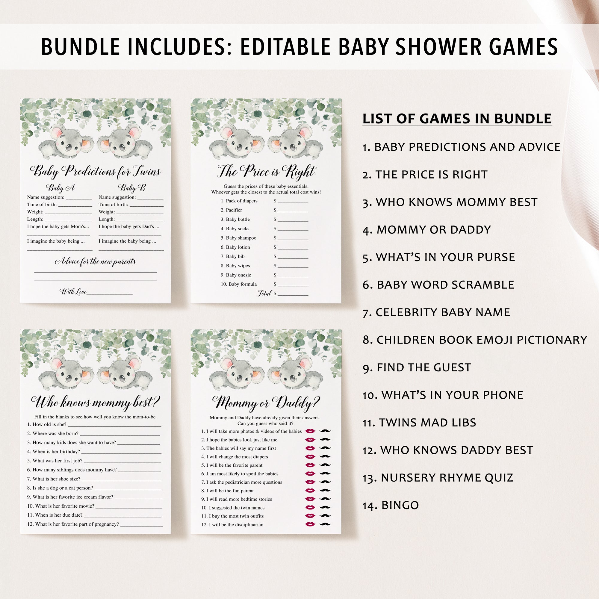 Twin Koala Baby Shower Invite & Games Bundle