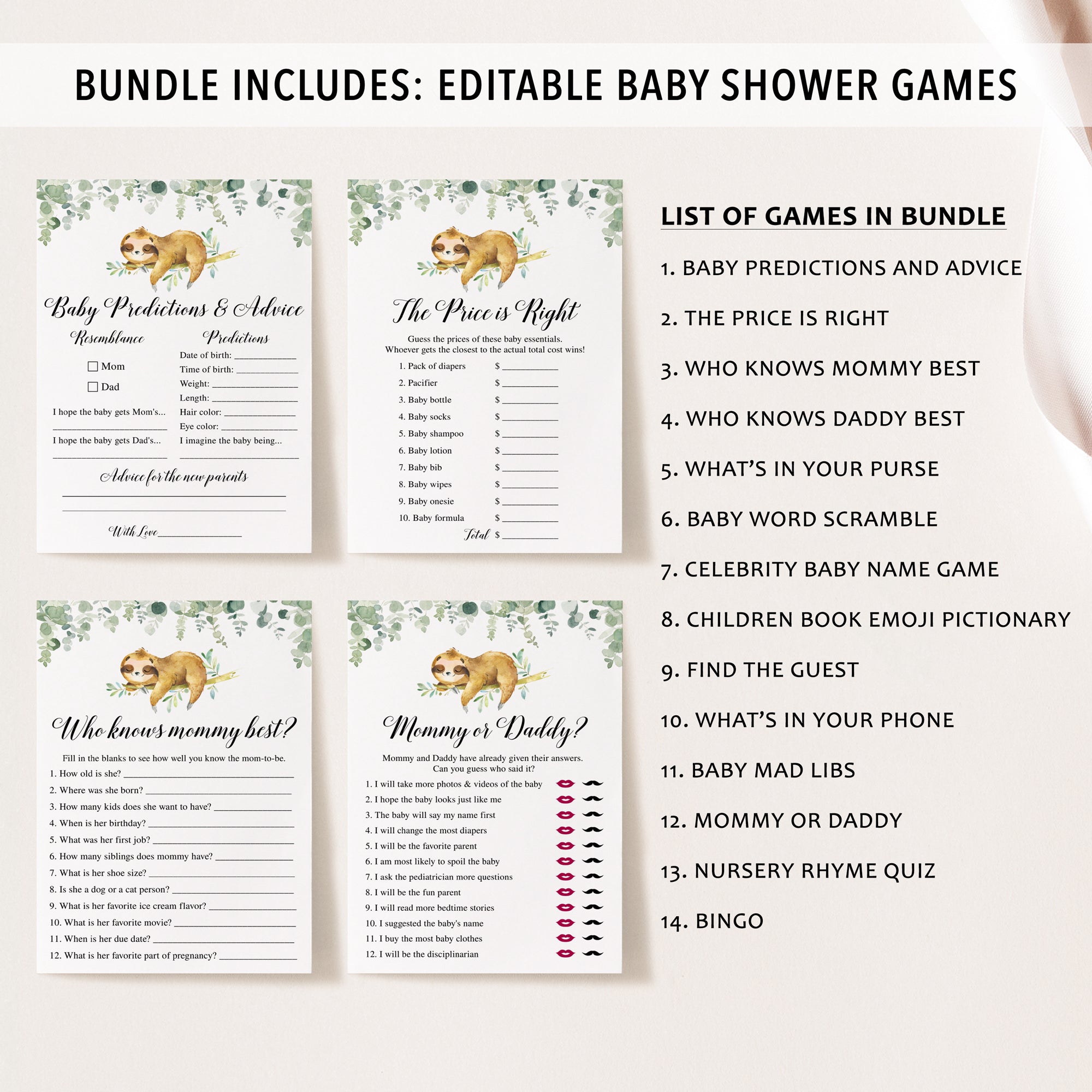 Sloth Baby Shower Invite & Games