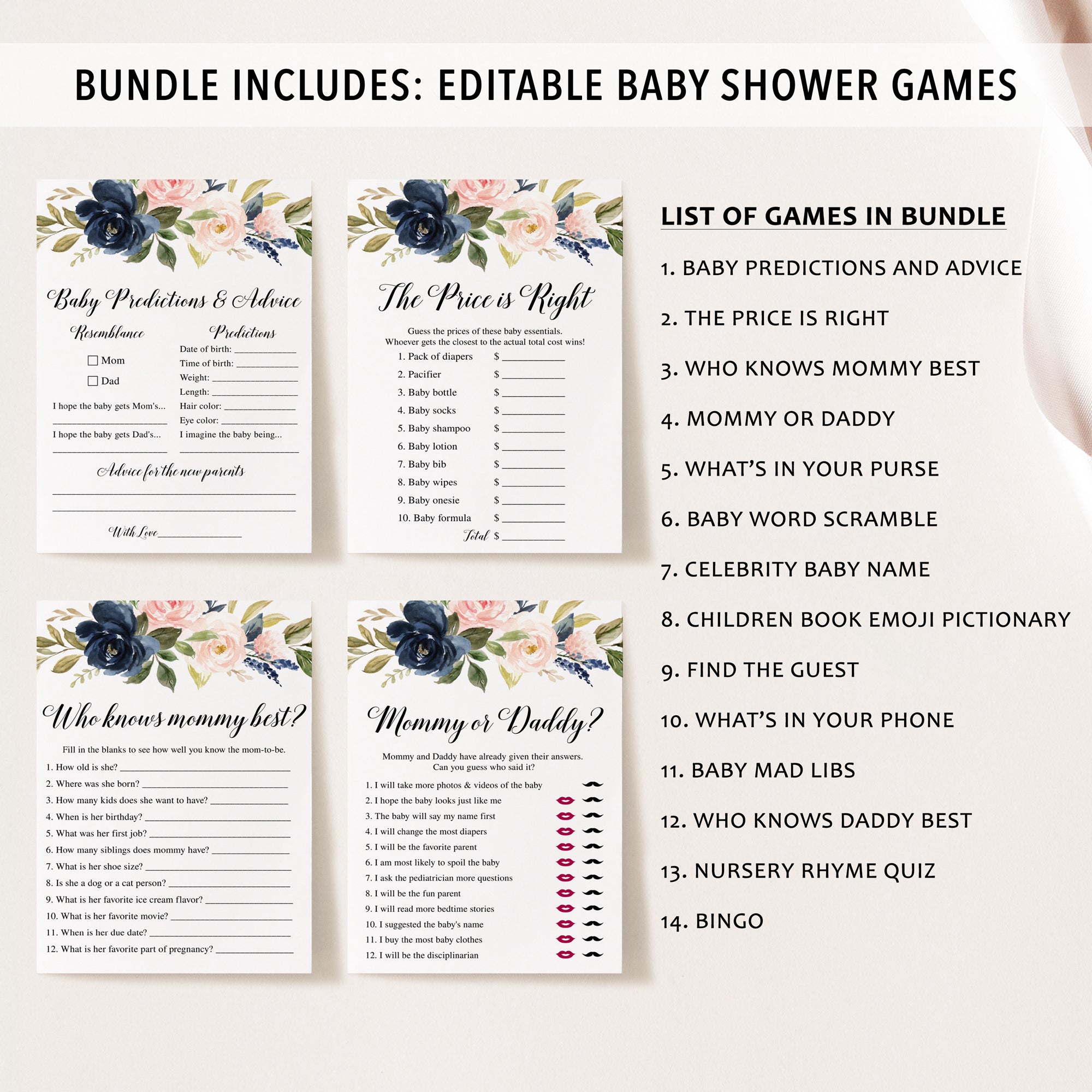 Blush Navy Floral Baby Shower Invite & Games