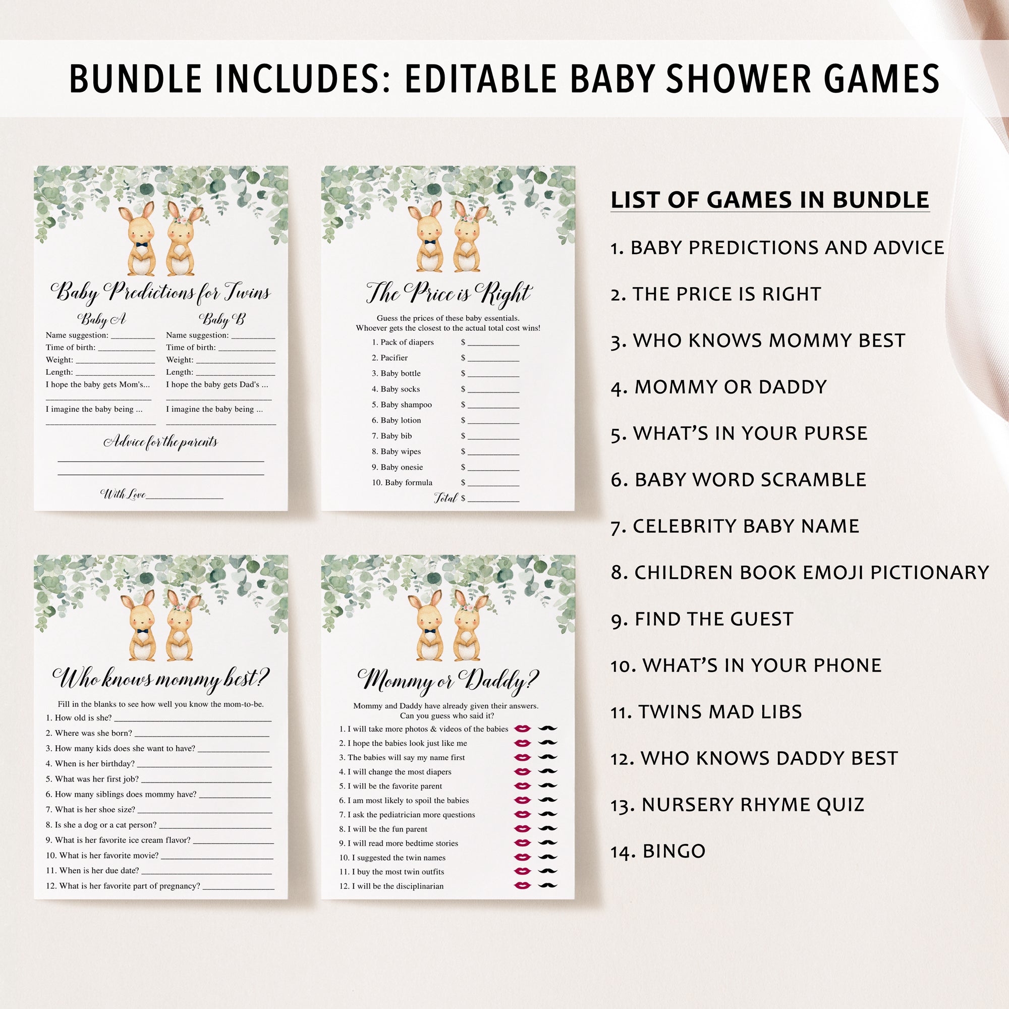 Complete Twin Bunnies Baby Shower Bundle