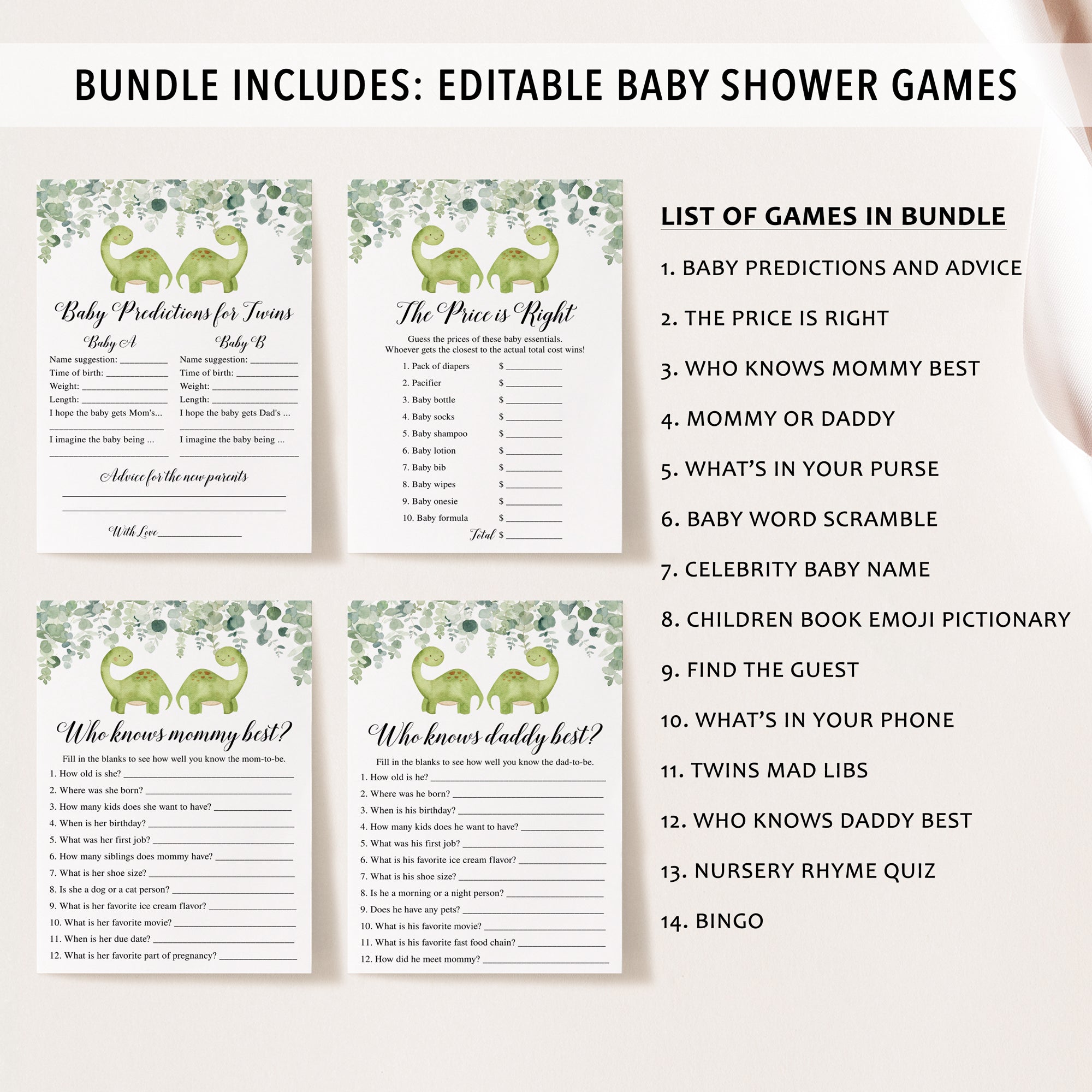 Complete Twin Dinosaurs Baby Shower Bundle