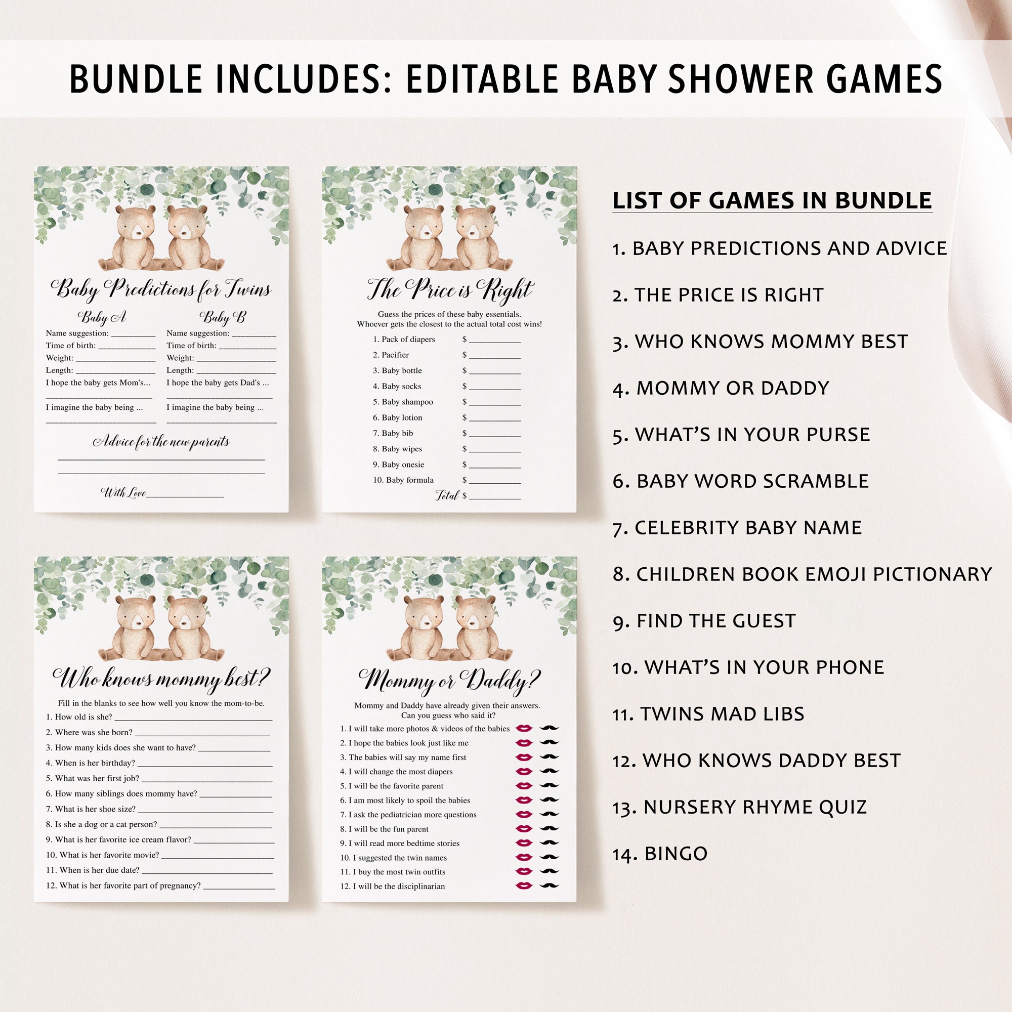 Twin Bears Baby Shower Invite & Games Bundle