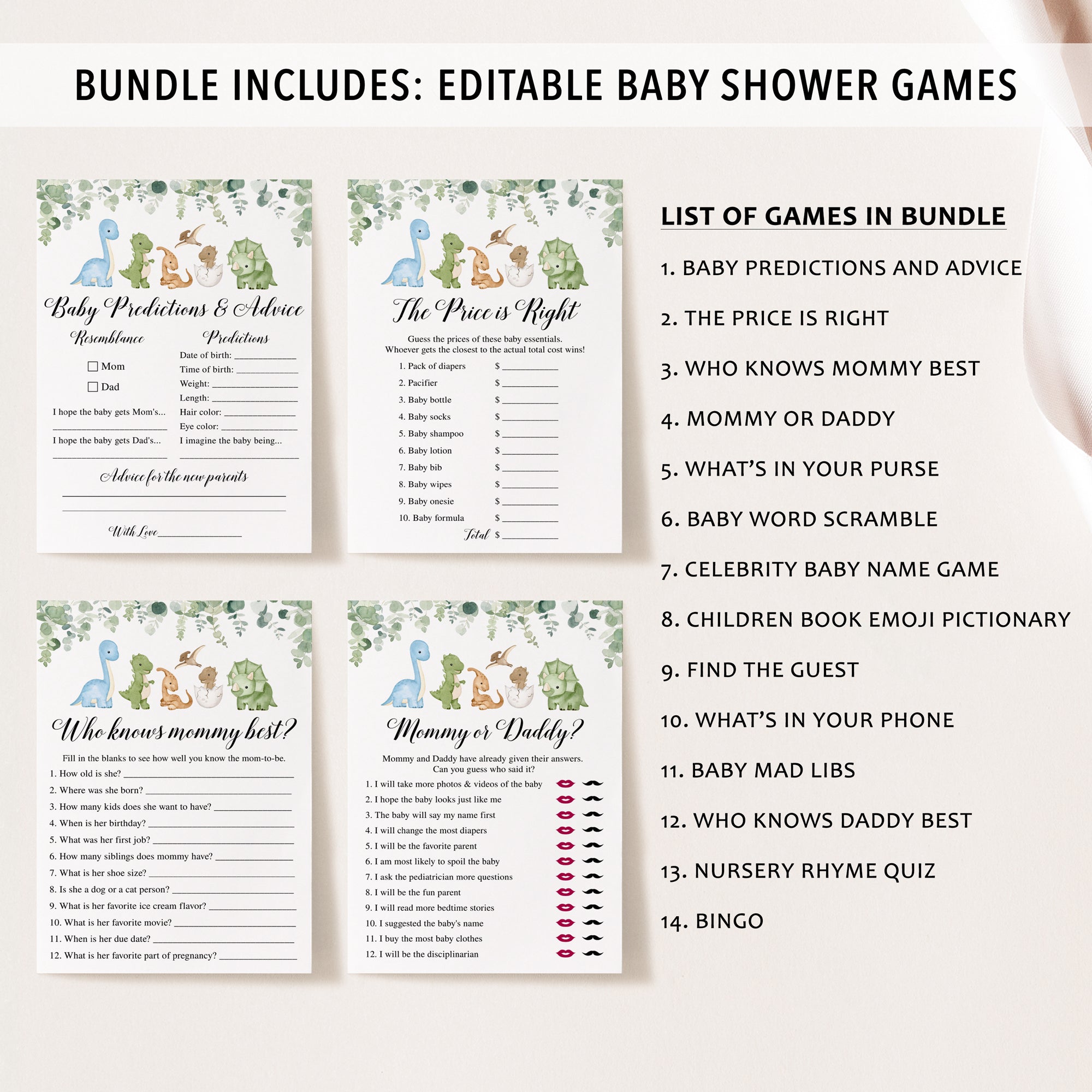 Complete Cute Dinosaur Baby Shower Bundle