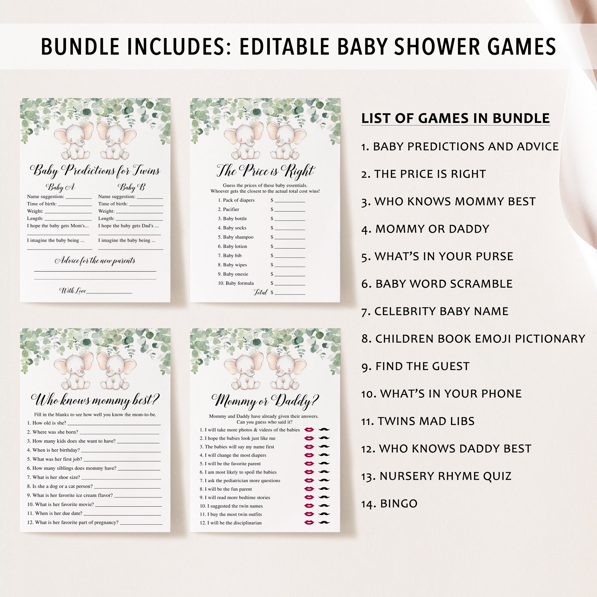 Complete Twin Elephants Baby Shower Bundle