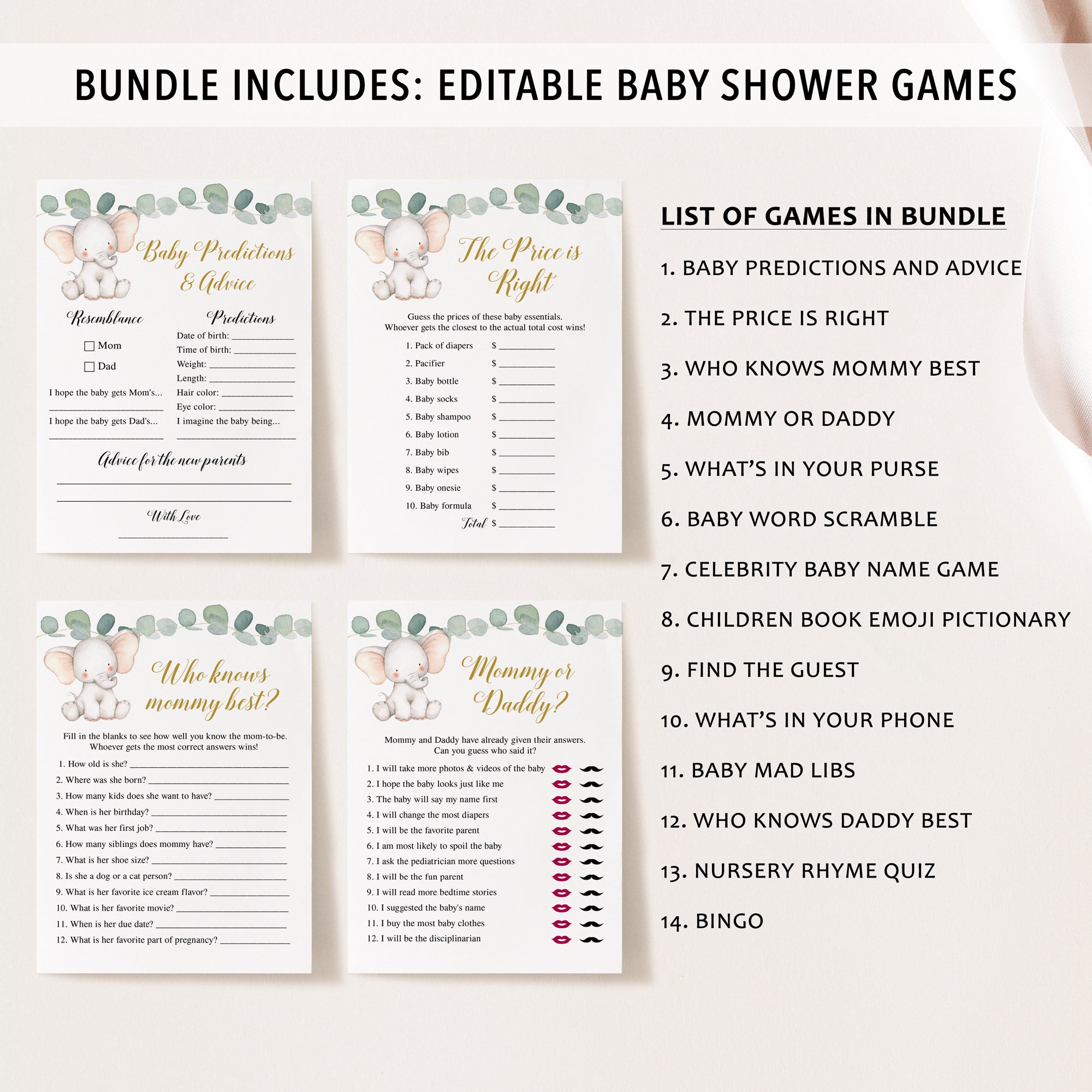 Complete Elephant Baby Shower Bundle