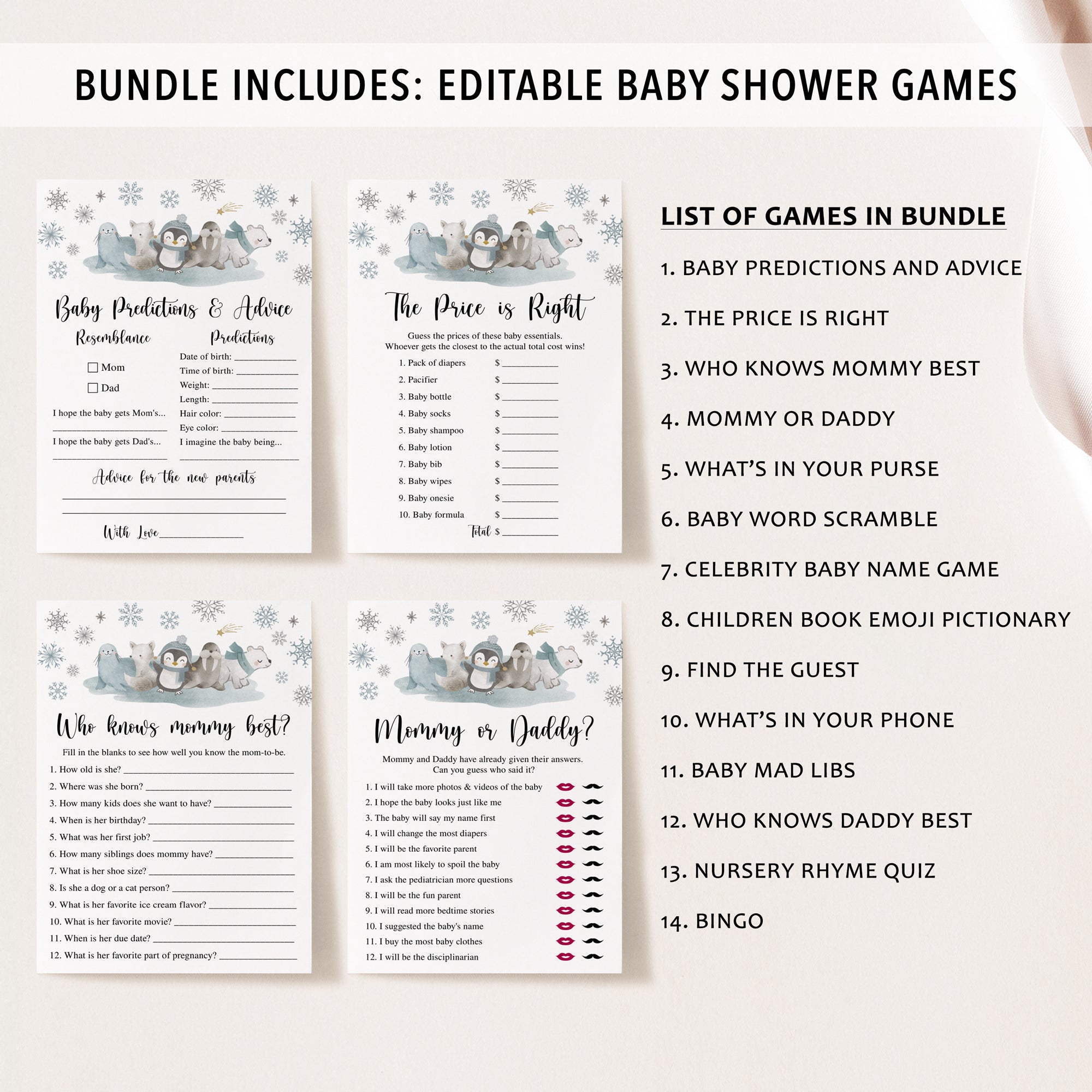 Complete Winter Animals Baby Shower Bundle