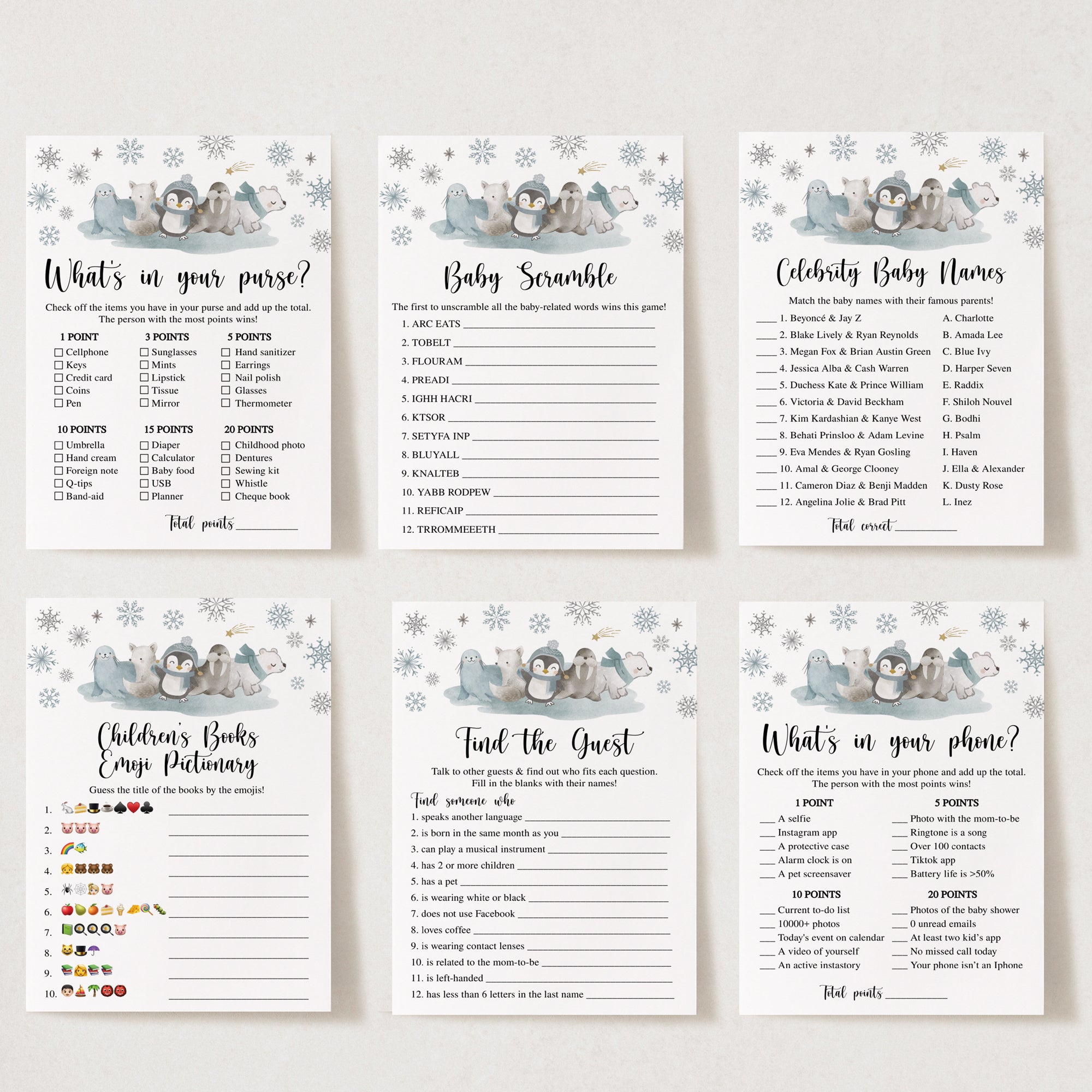 Winter Animals Baby Shower Invite & Games