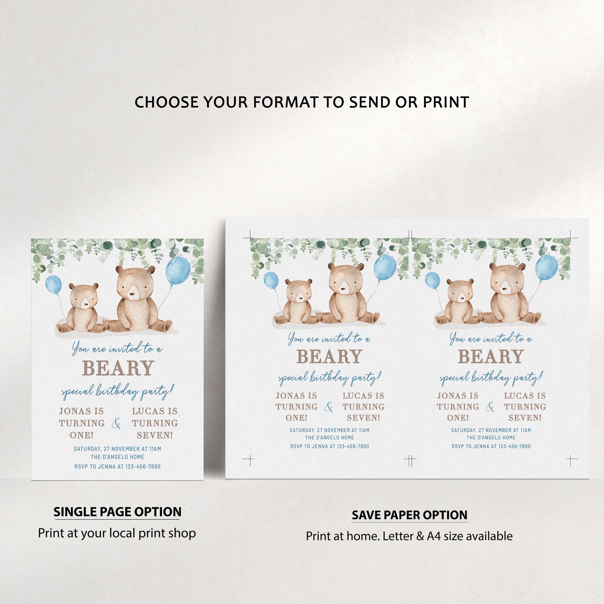 Double Birthday Bear invitation