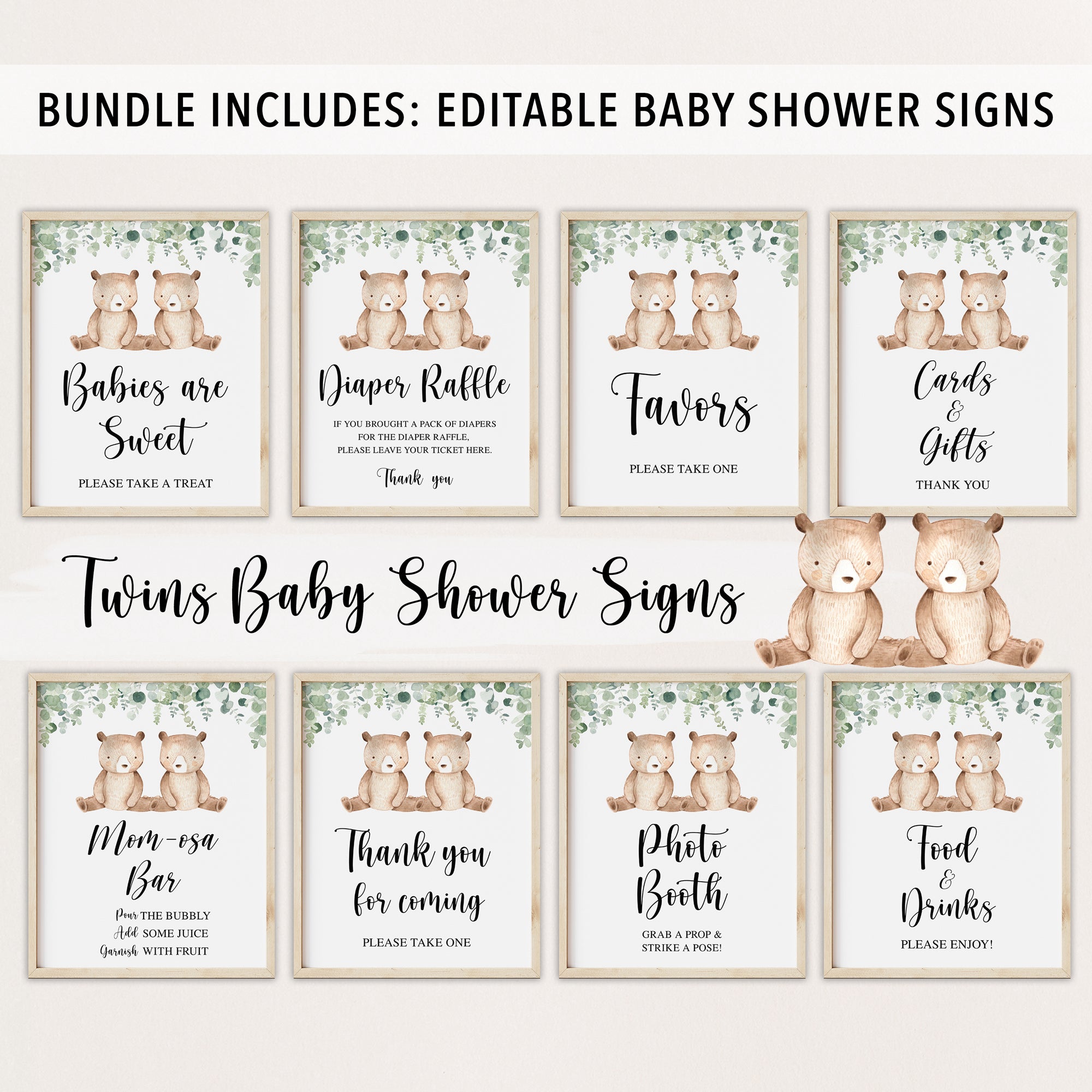 Complete Twin Bears Baby Shower Bundle