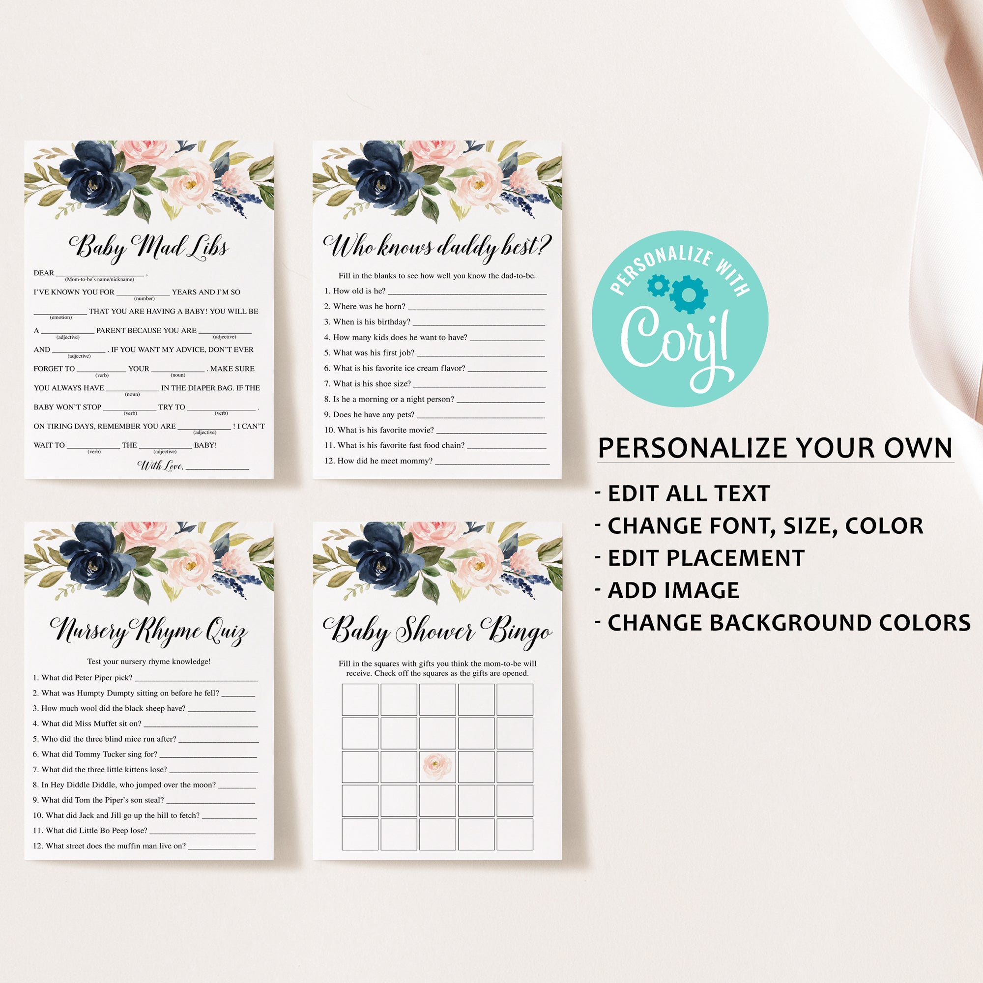 Blush Navy Floral Baby Shower Invite & Games