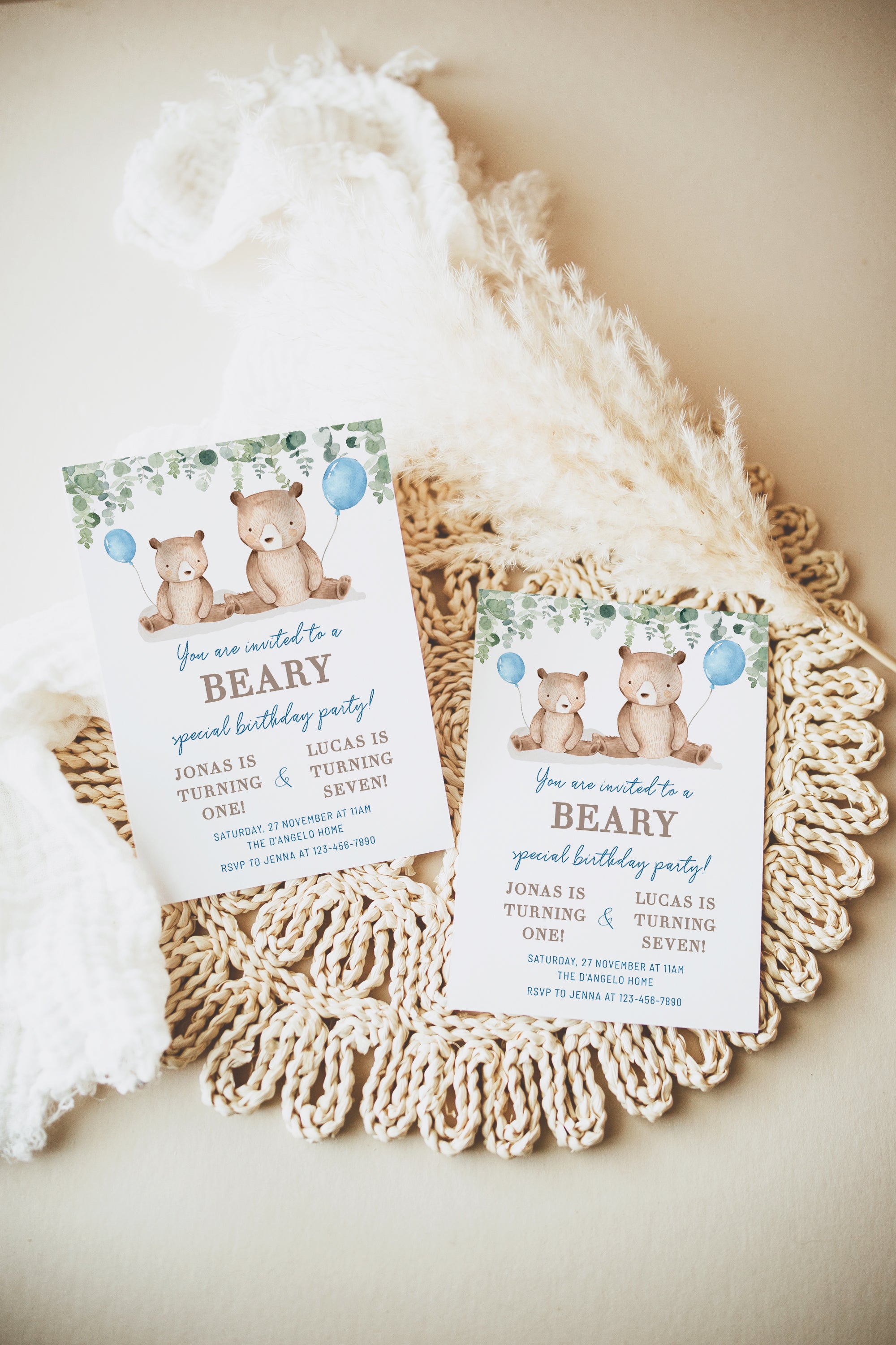 Double Birthday Bear invitation