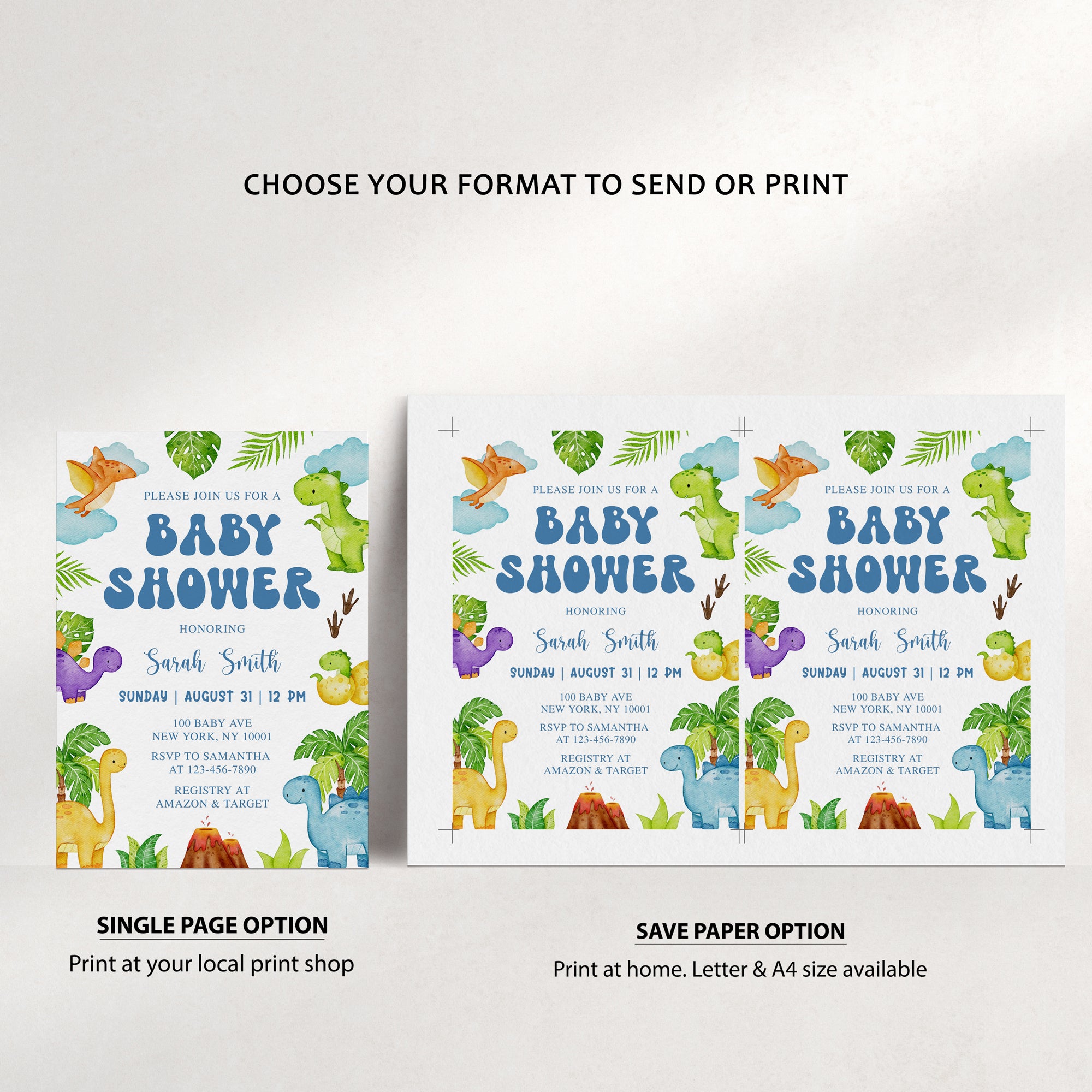 Colorful Dinosaurs Baby Shower Invite & Games