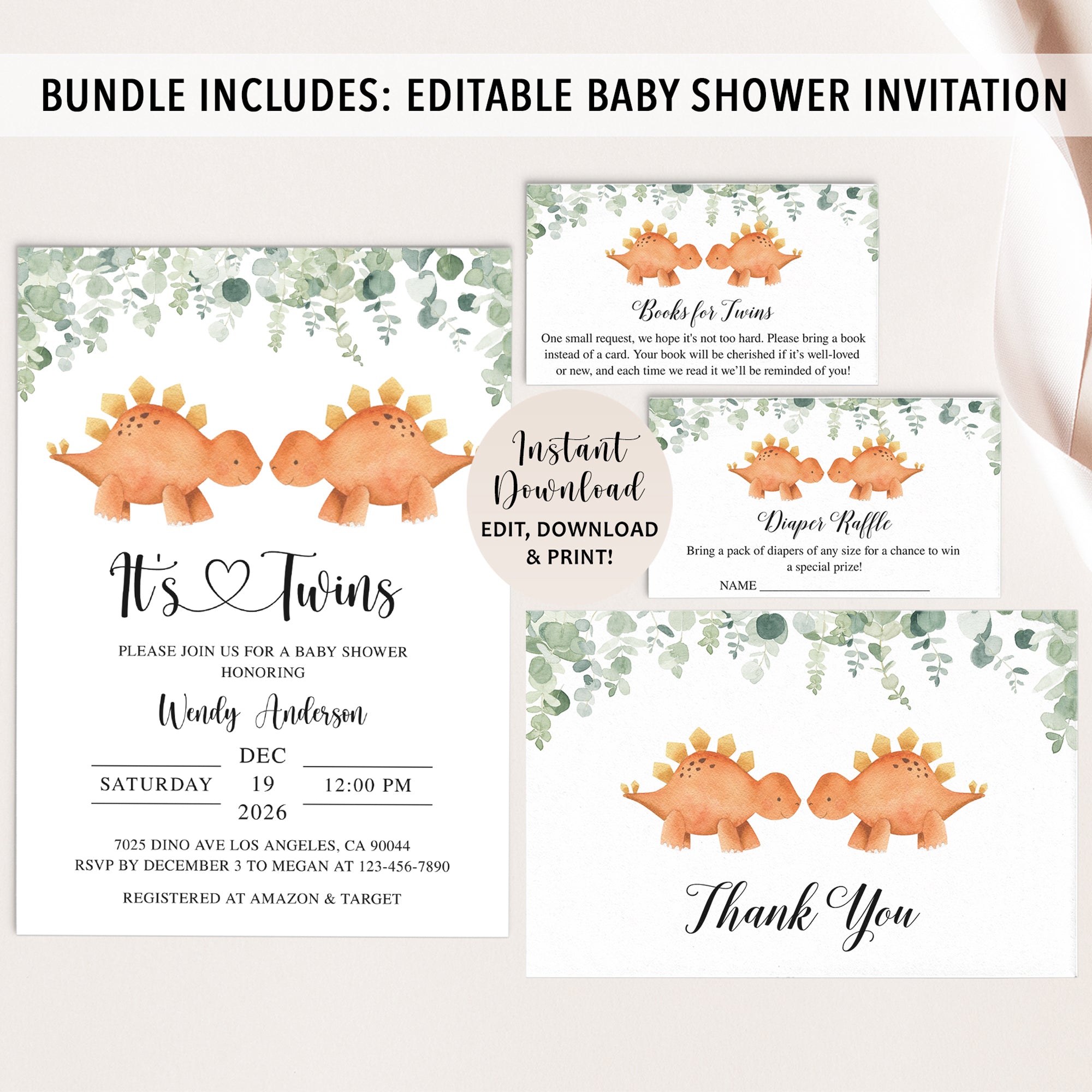 Complete Twin Triceratops Baby Shower Bundle