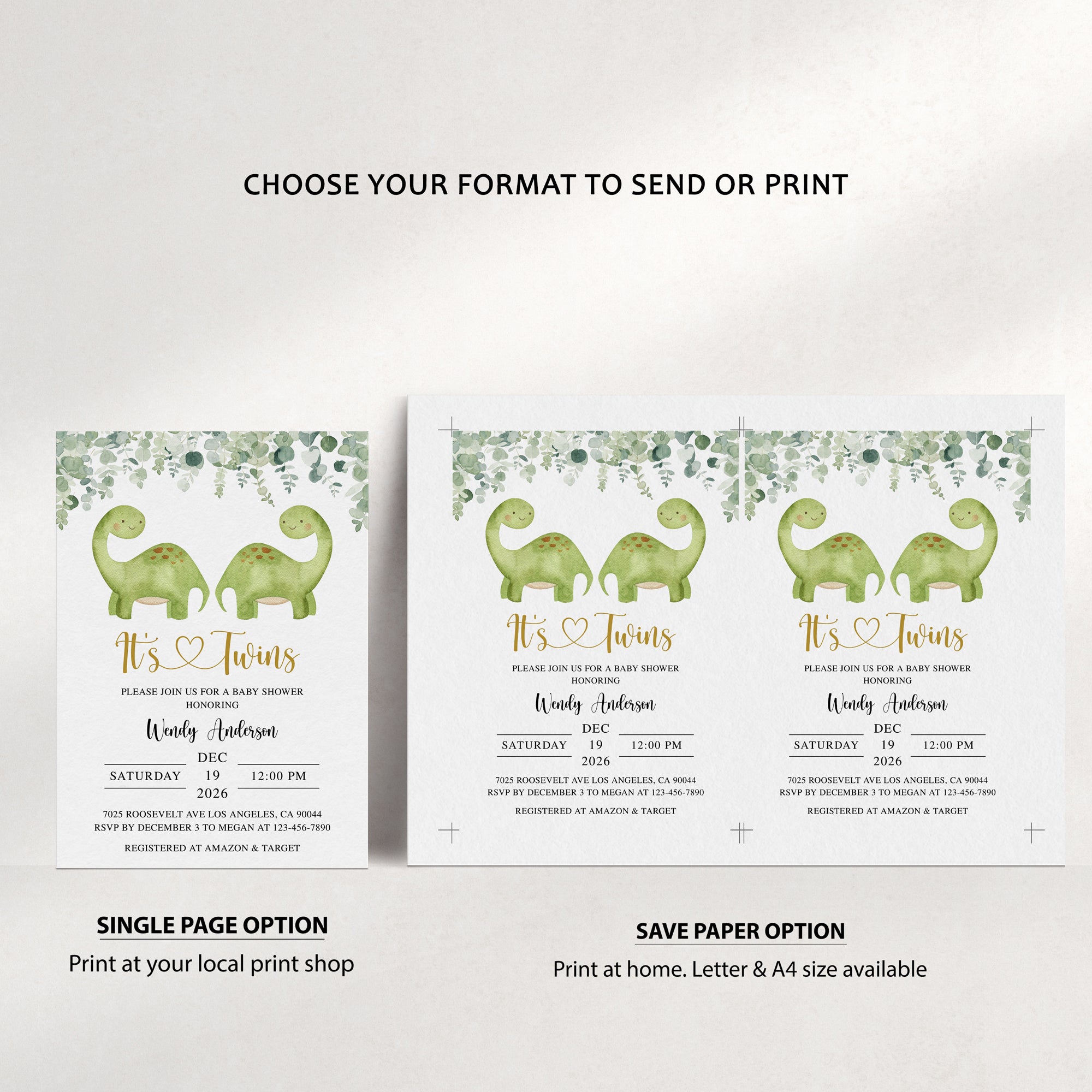 Twin Dinosaurs Baby Shower Invite & Games Bundle