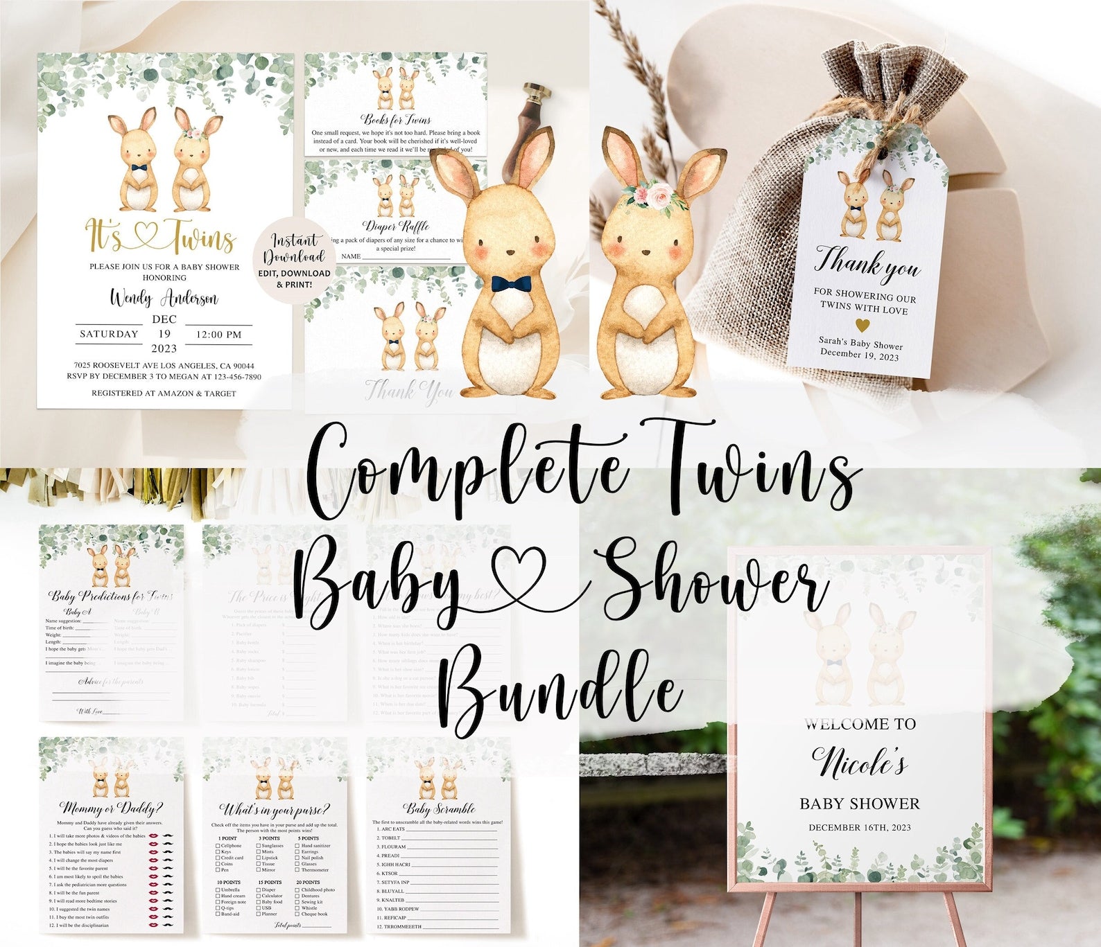 Complete Twin Bunnies Baby Shower Bundle