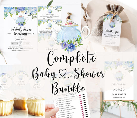 Complete Blue Tea Party Baby Shower Bundle