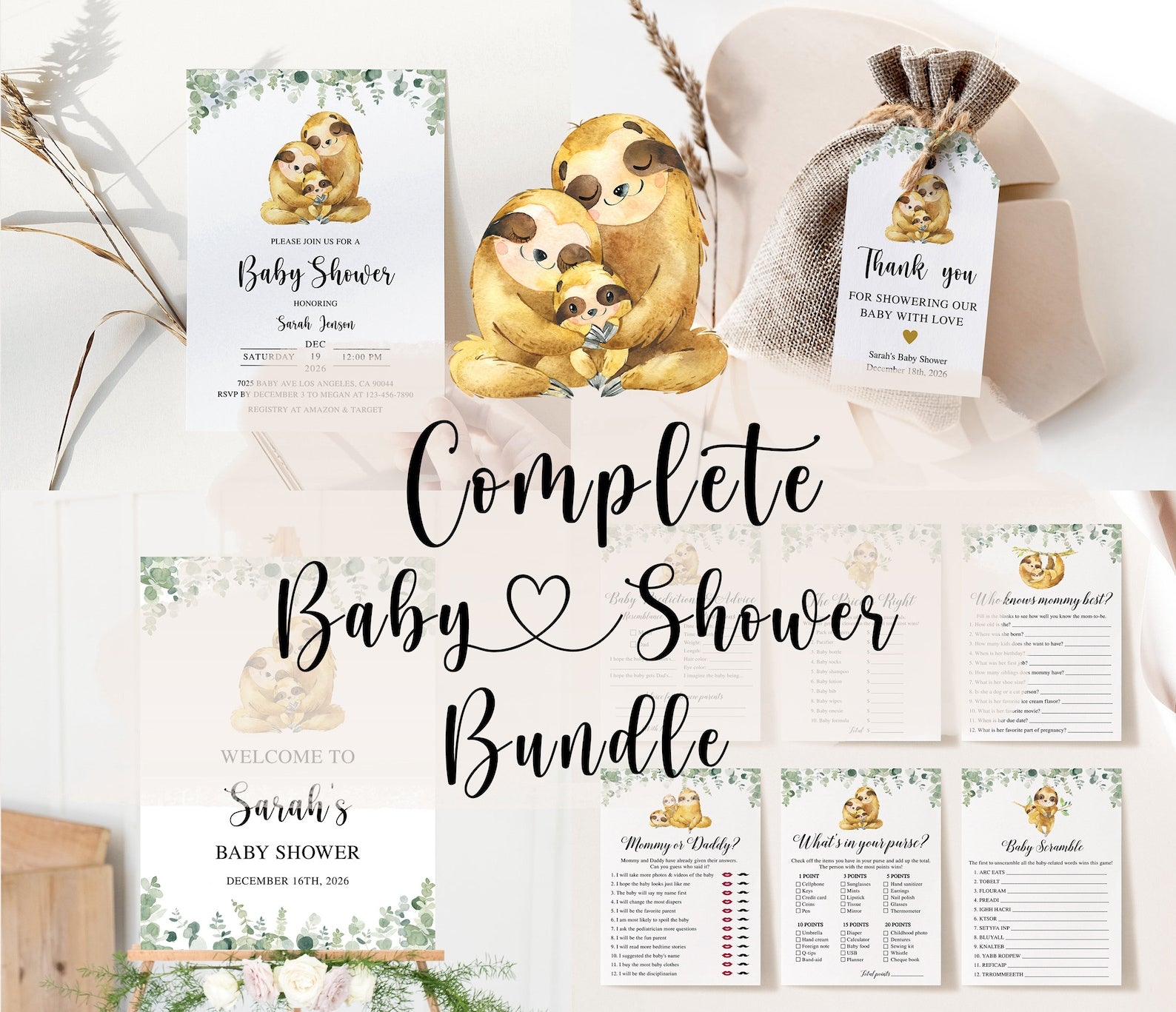 Complete Sloth Family Shower Bundle