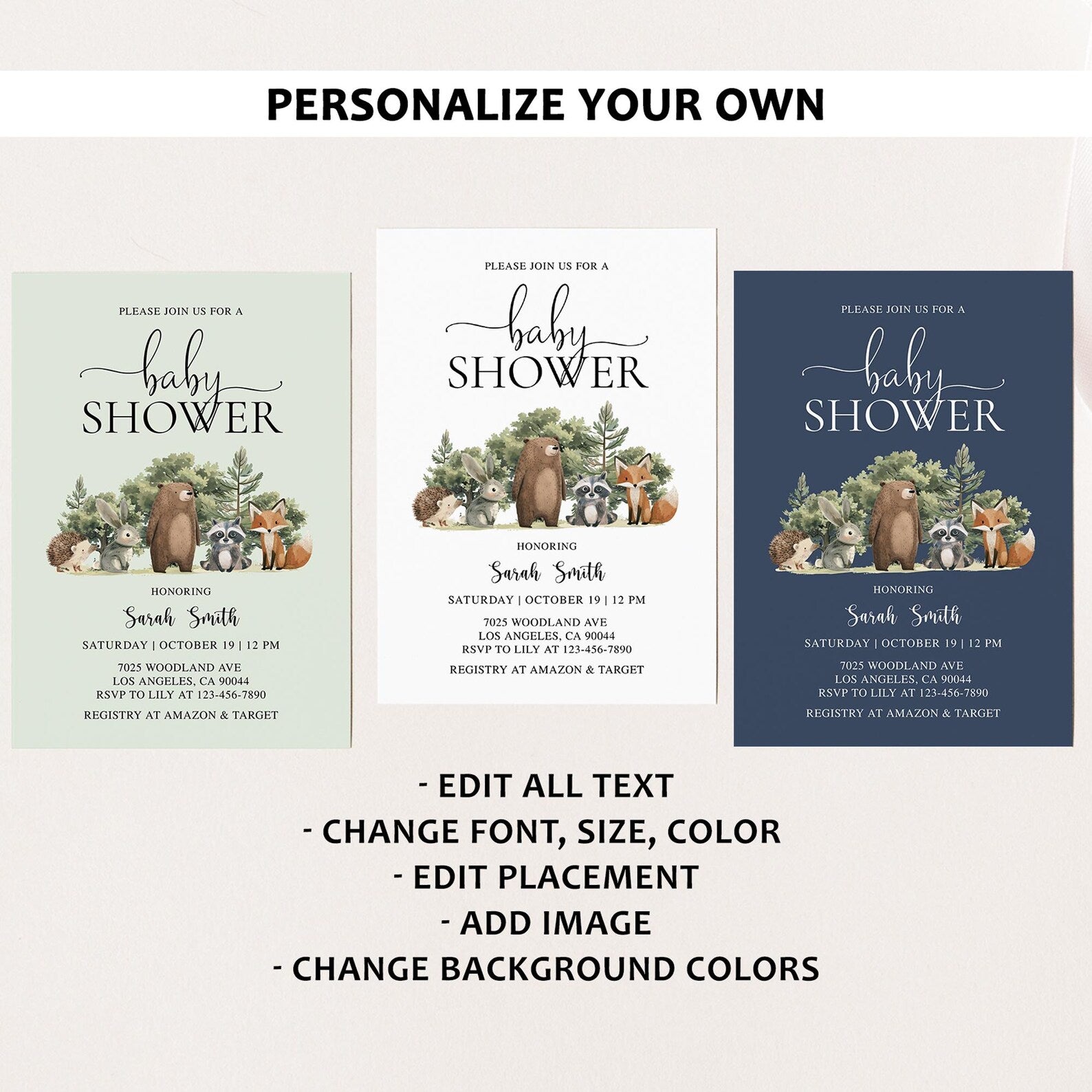 Woodland Animals Baby Shower Invite