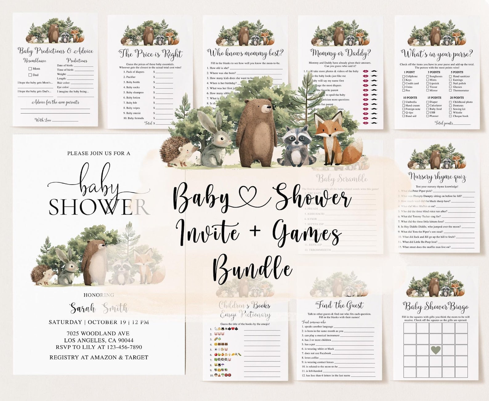 Woodland Animals Baby Shower Invite & Games