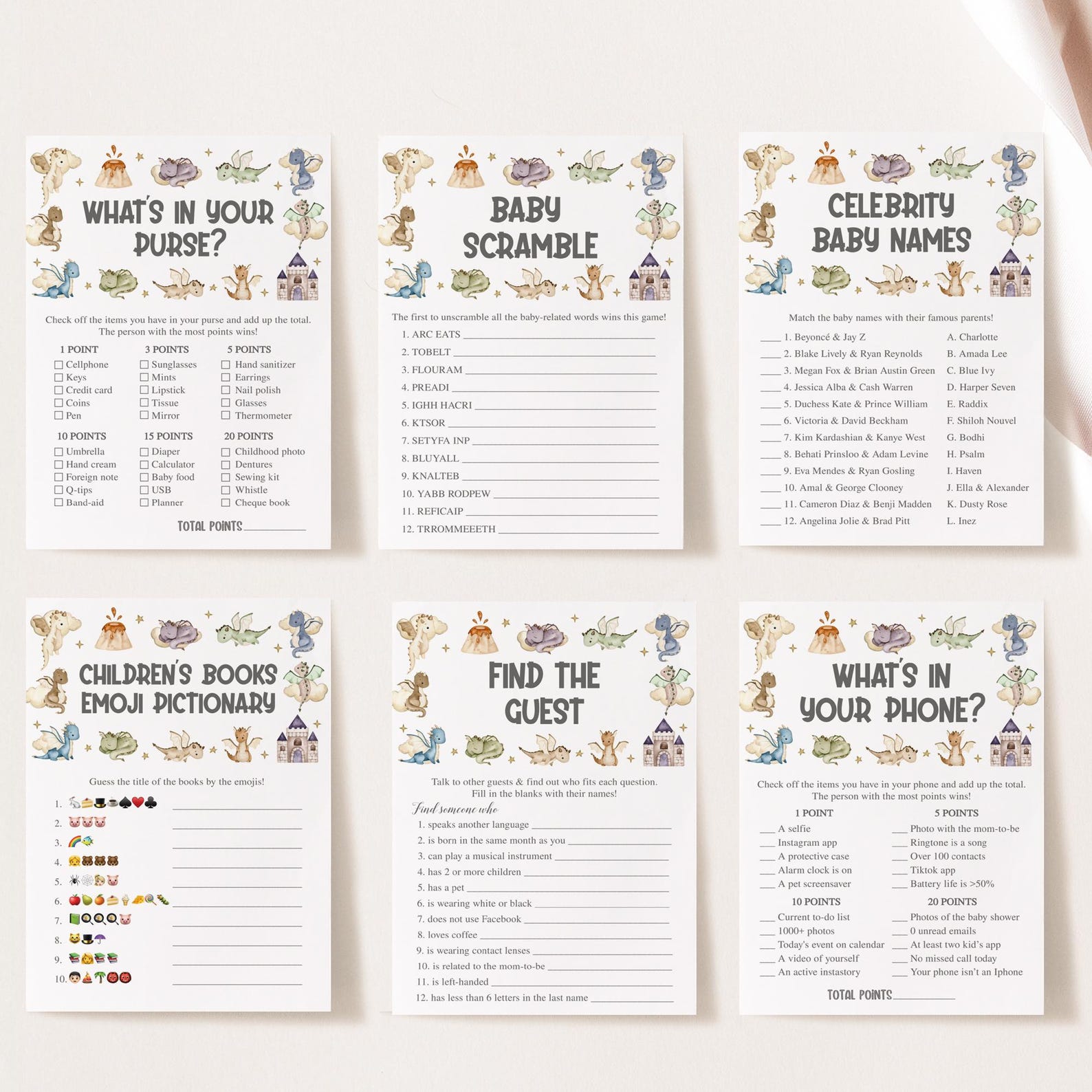 Colorful Dragon Baby Shower Invite & Games